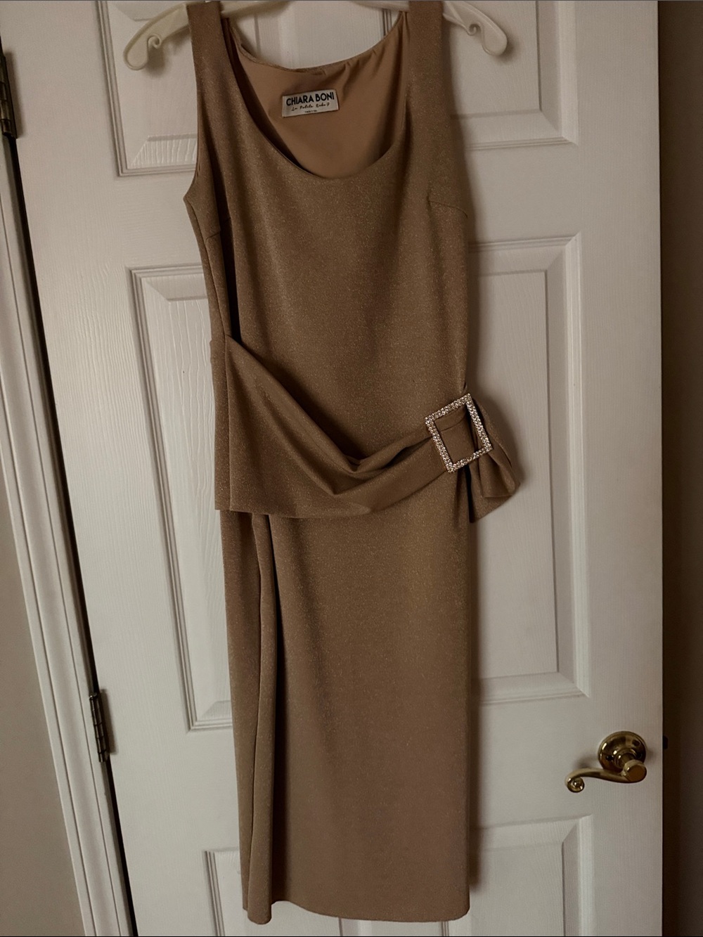 Chiara Boni Shimmery Gold Draped Midi Dress with Rhinestone Buckle